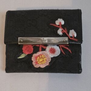 Gucci Black Compact Monogram Rehabbed Wallet With Floral Embroidered Patches